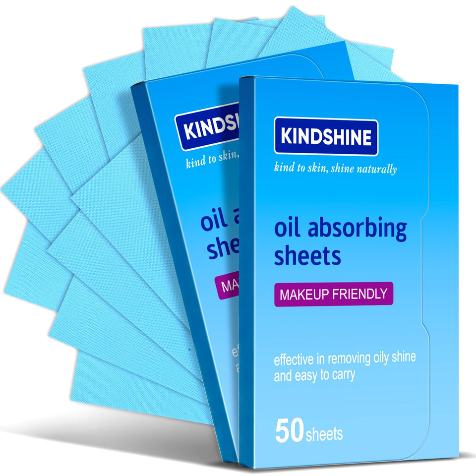 kindshine front pack showing compact oil blotting sheets, easy portability benefit