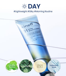 Kineff day cream being smoothed on skin, hydrates without greasiness