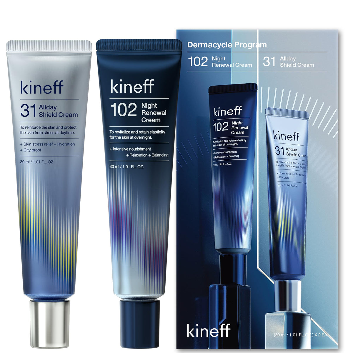 Kineff front packaging showing both day and night creams, highlights portability