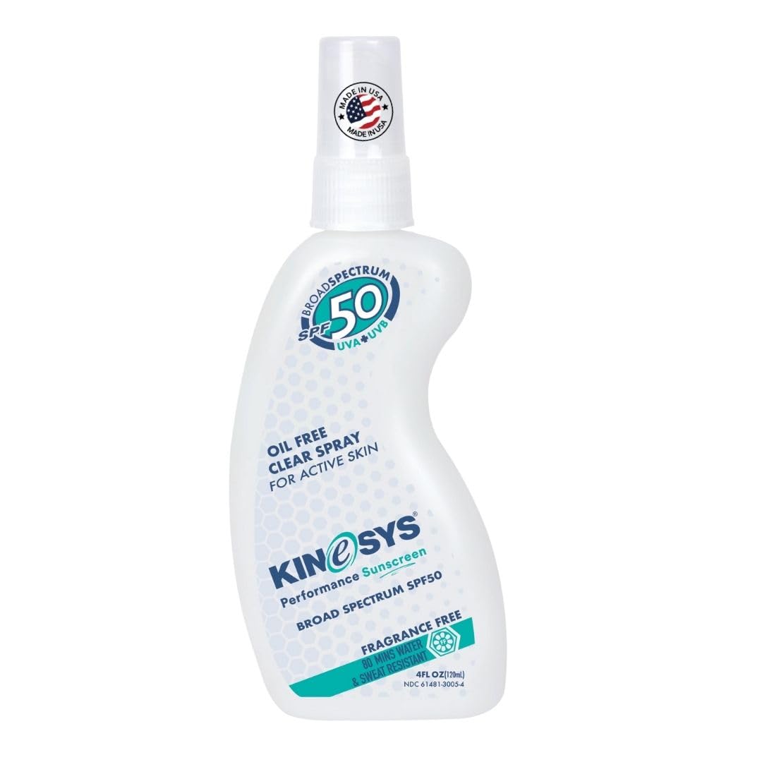 KINeSYS front bottle view showing clear SPF 50 spray for easy application