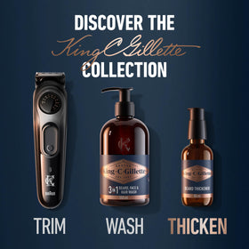 King C. Gillette lifestyle shot of man applying serum during morning routine for grooming ease