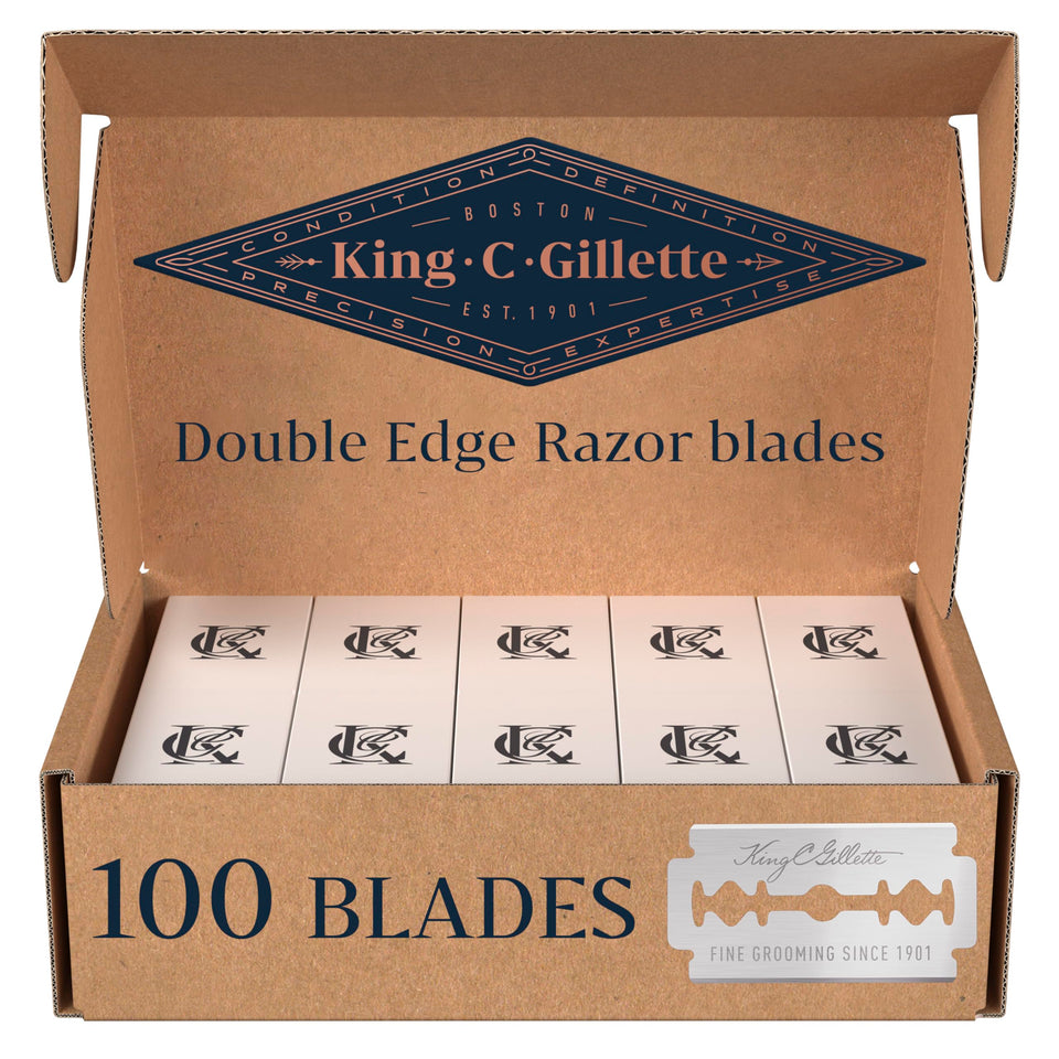 King C. Gillette front box showing 100 blades and long-lasting supply benefit