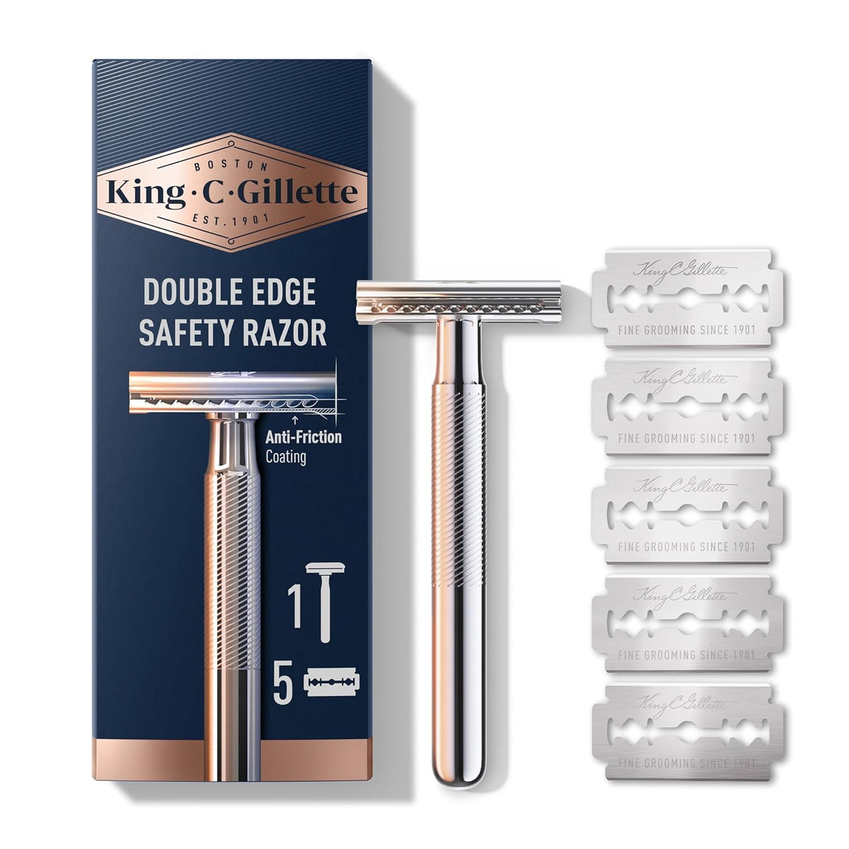 King C. Gillette front view of razor and box showing sleek chrome finish and durable design