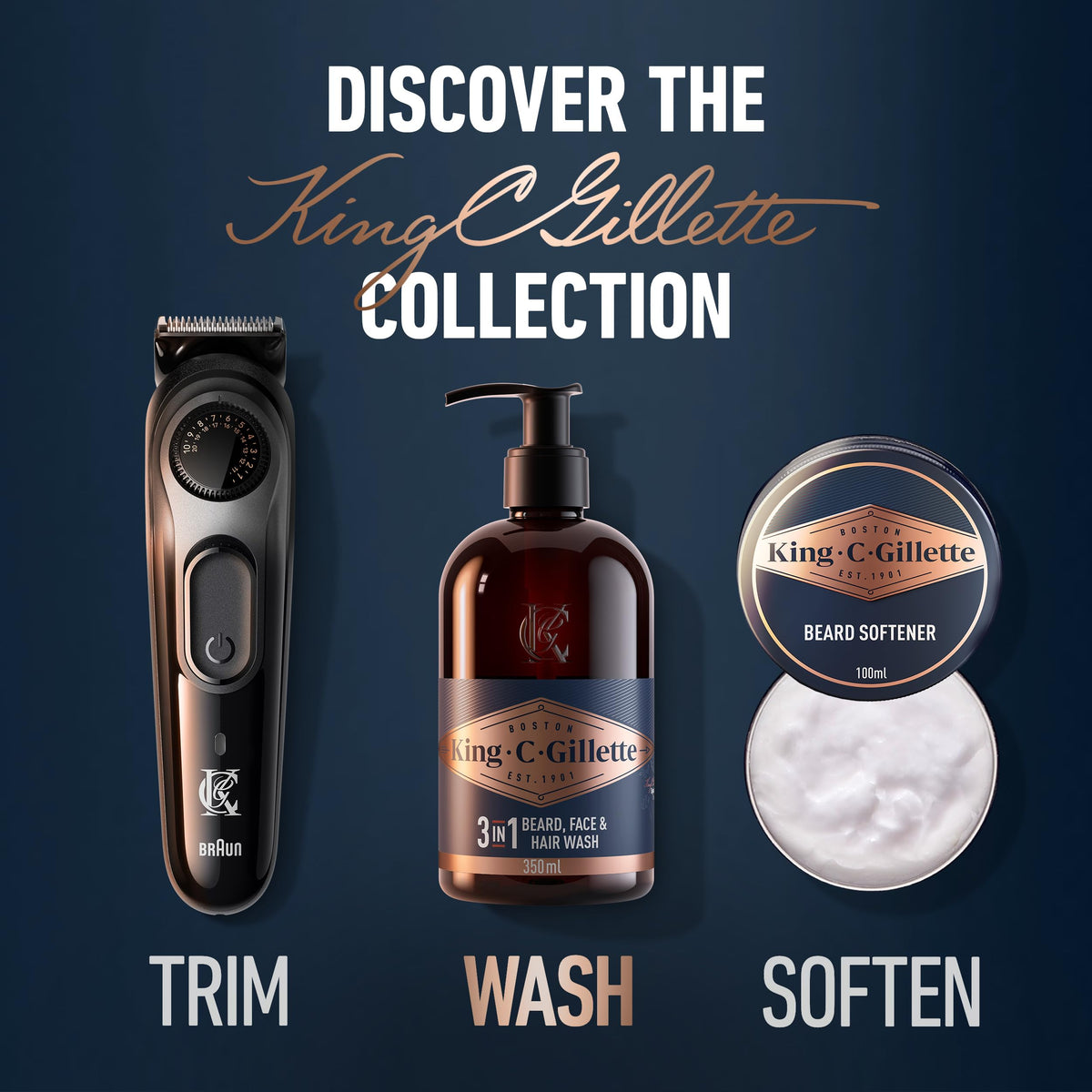 King C. Gillette on bathroom vanity conveying routine-ready grooming