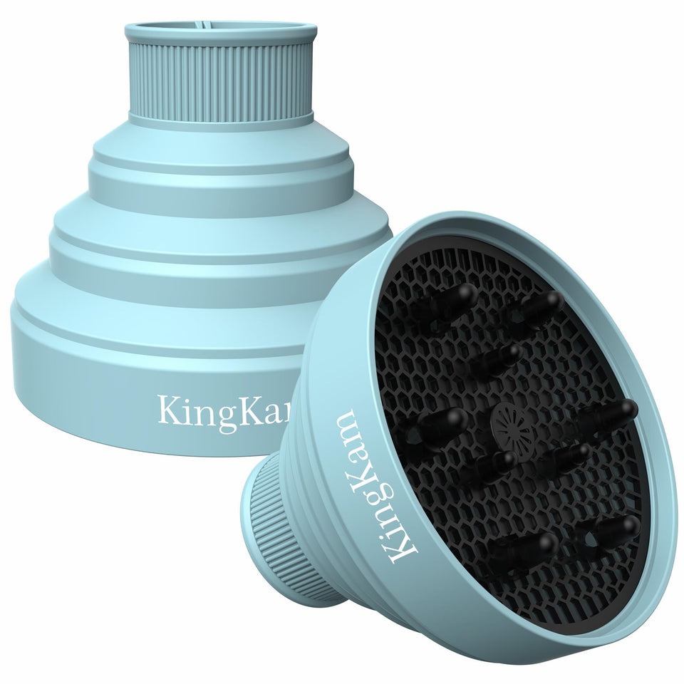 KingKam front view of blue collapsible hair dryer diffuser showing overall shape and benefit