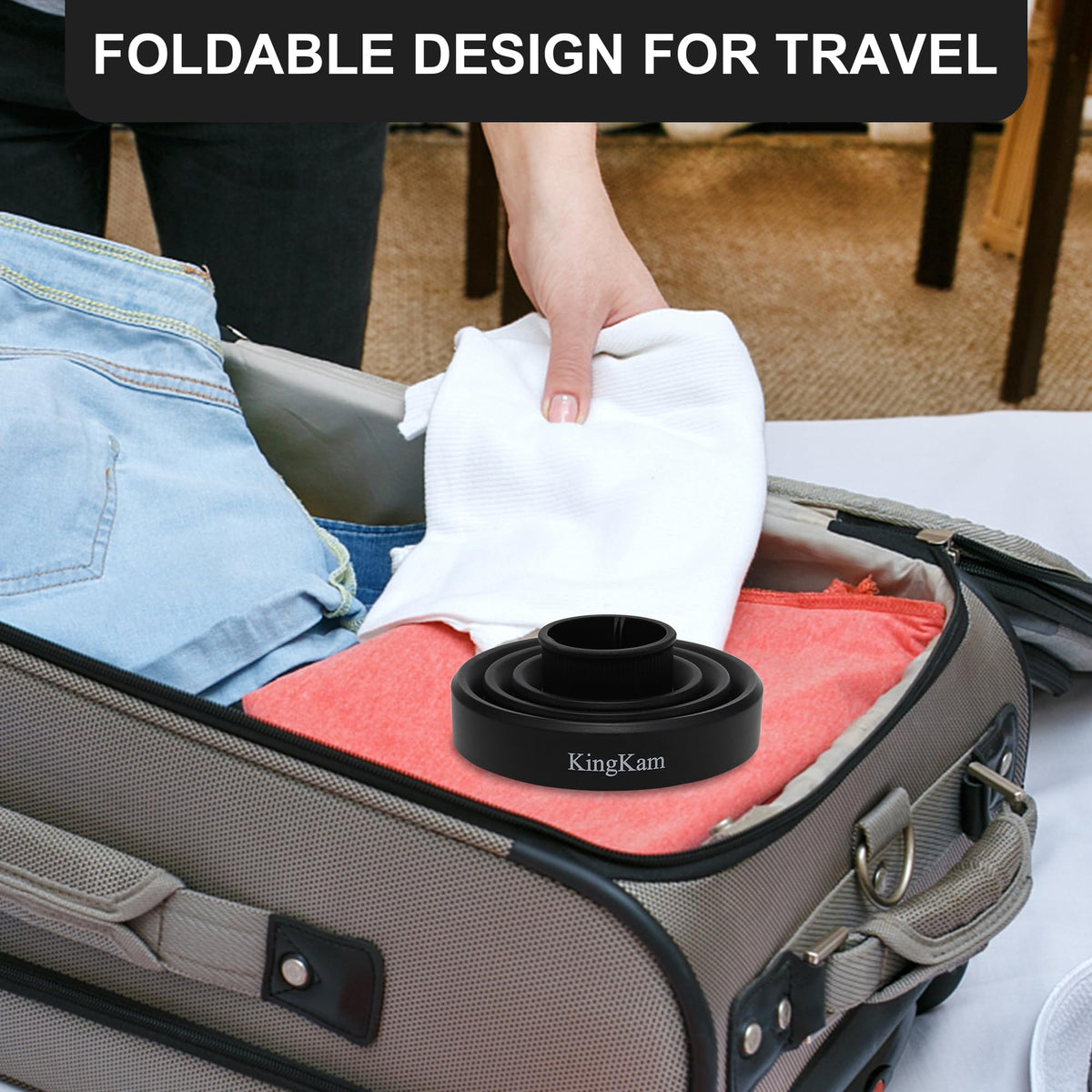 KingKam diffuser packed in luggage showing space-saving convenience