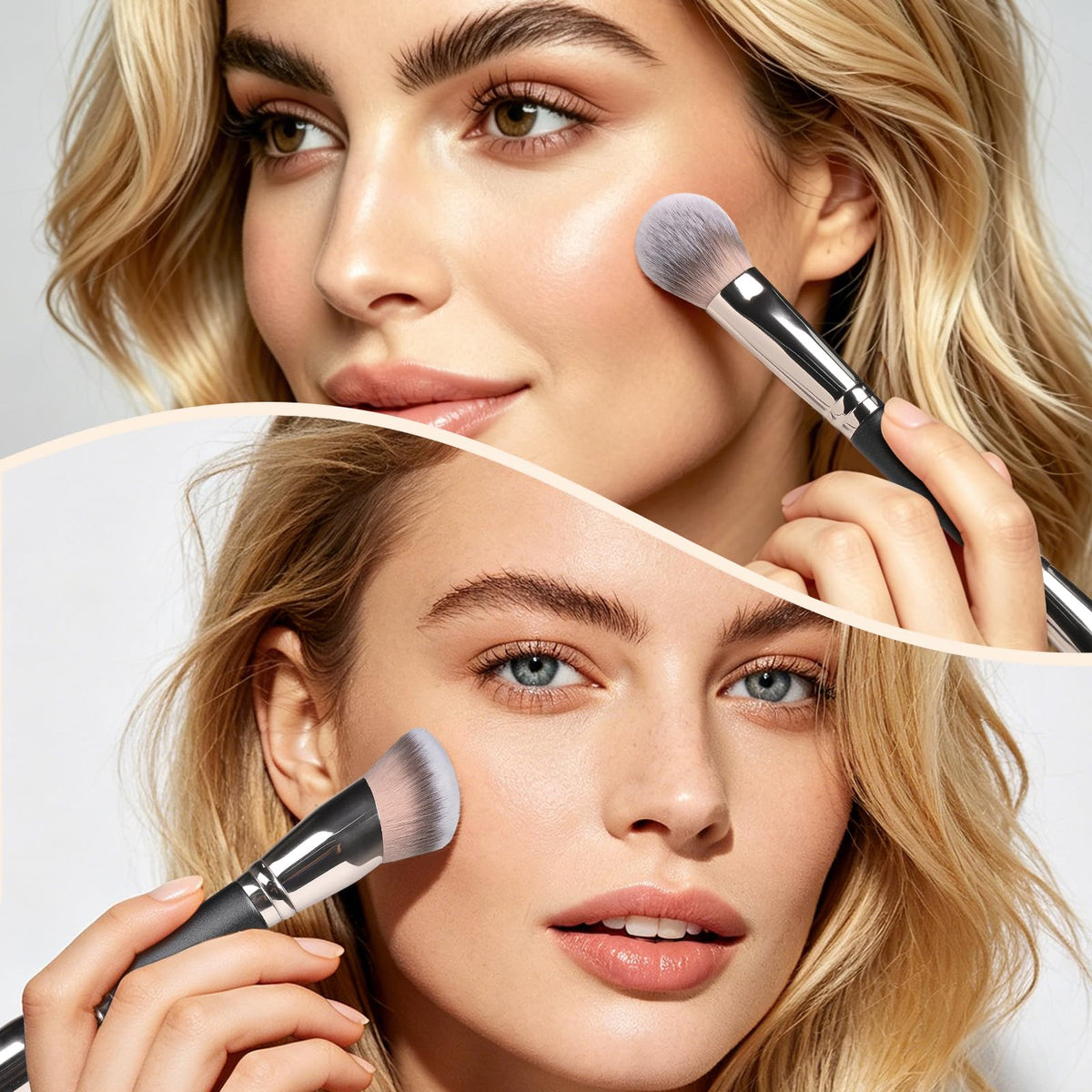 KINGMAS brush applying liquid foundation demonstrating even coverage benefit