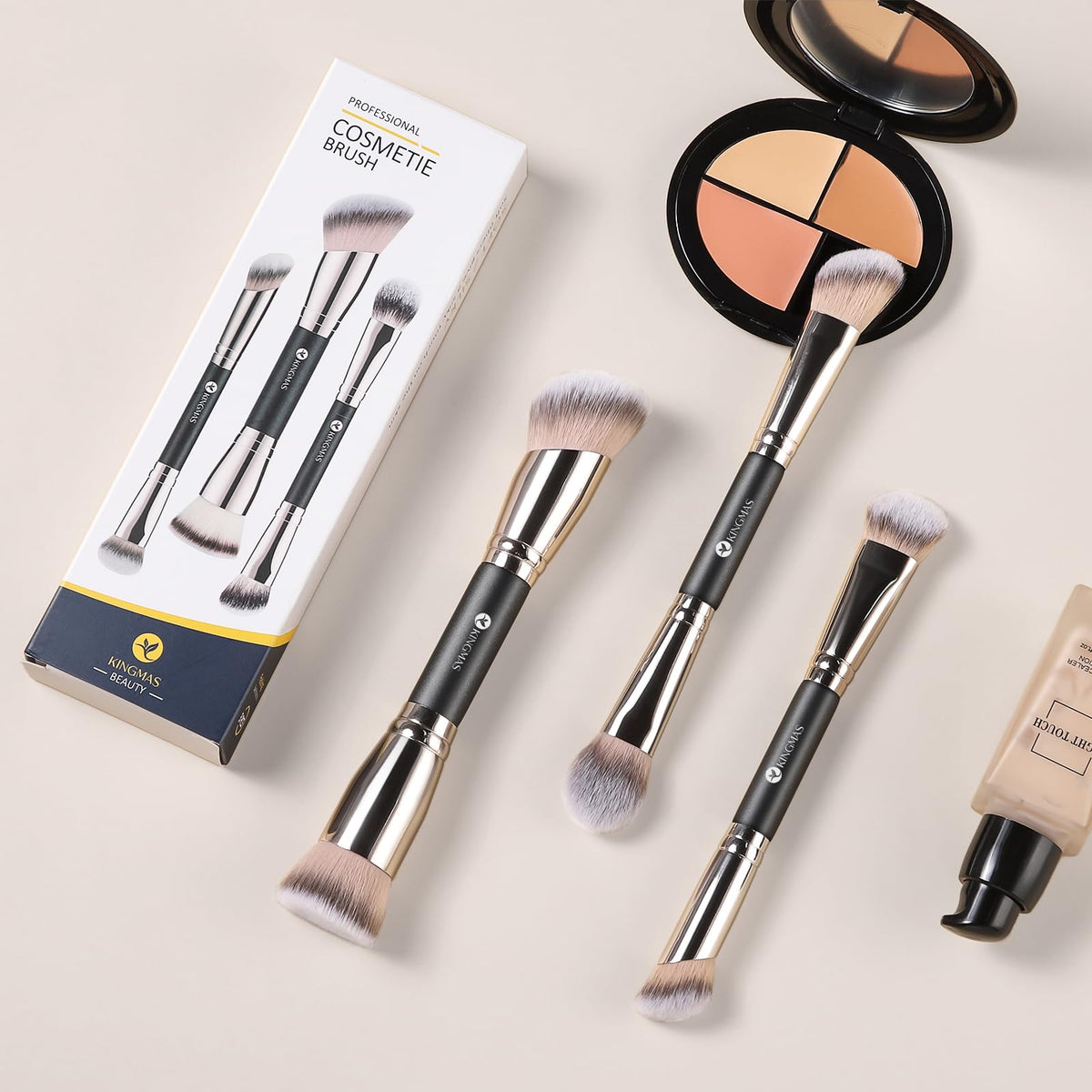 KINGMAS brushes on vanity next to makeup showing organized routine benefit