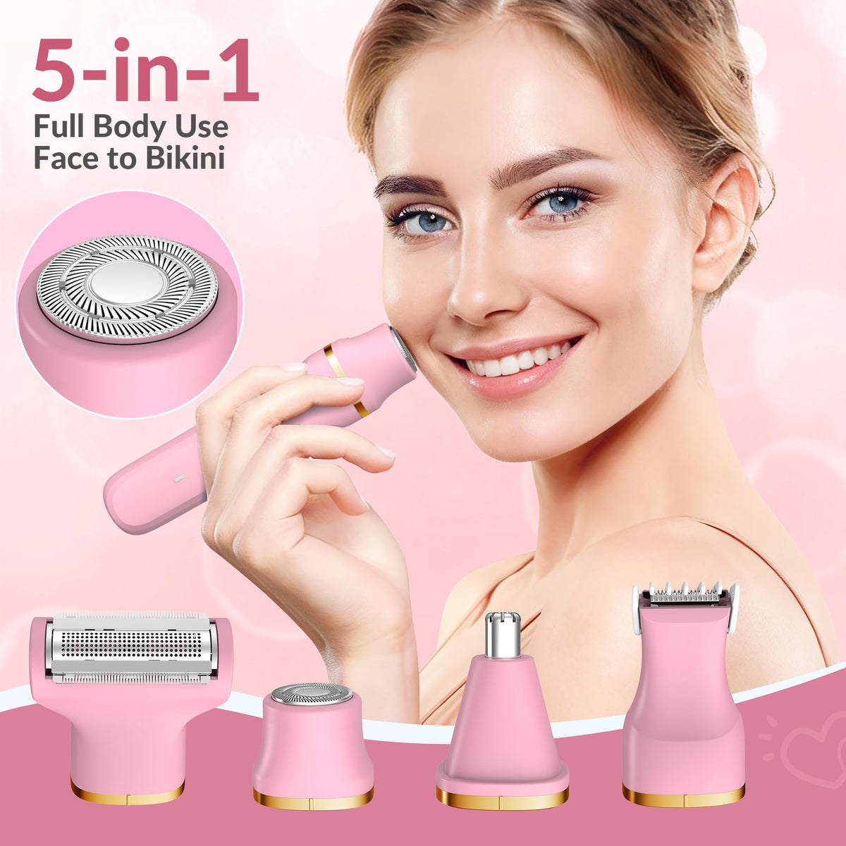 KINGTEE five interchangeable heads arranged to show versatile attachments for face and body
