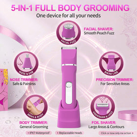 KINGTEE five interchangeable heads displayed for versatile face and body grooming
