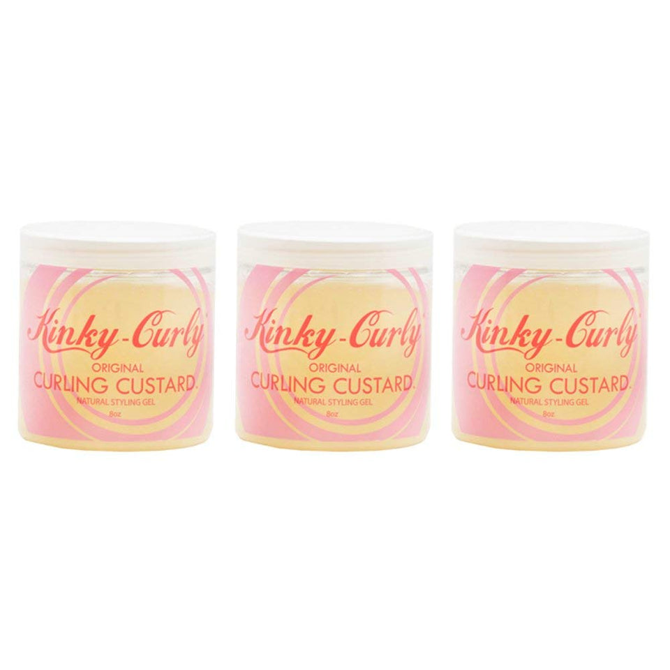 Kinky Curly front packaging showing three 8oz jars and clear product benefits