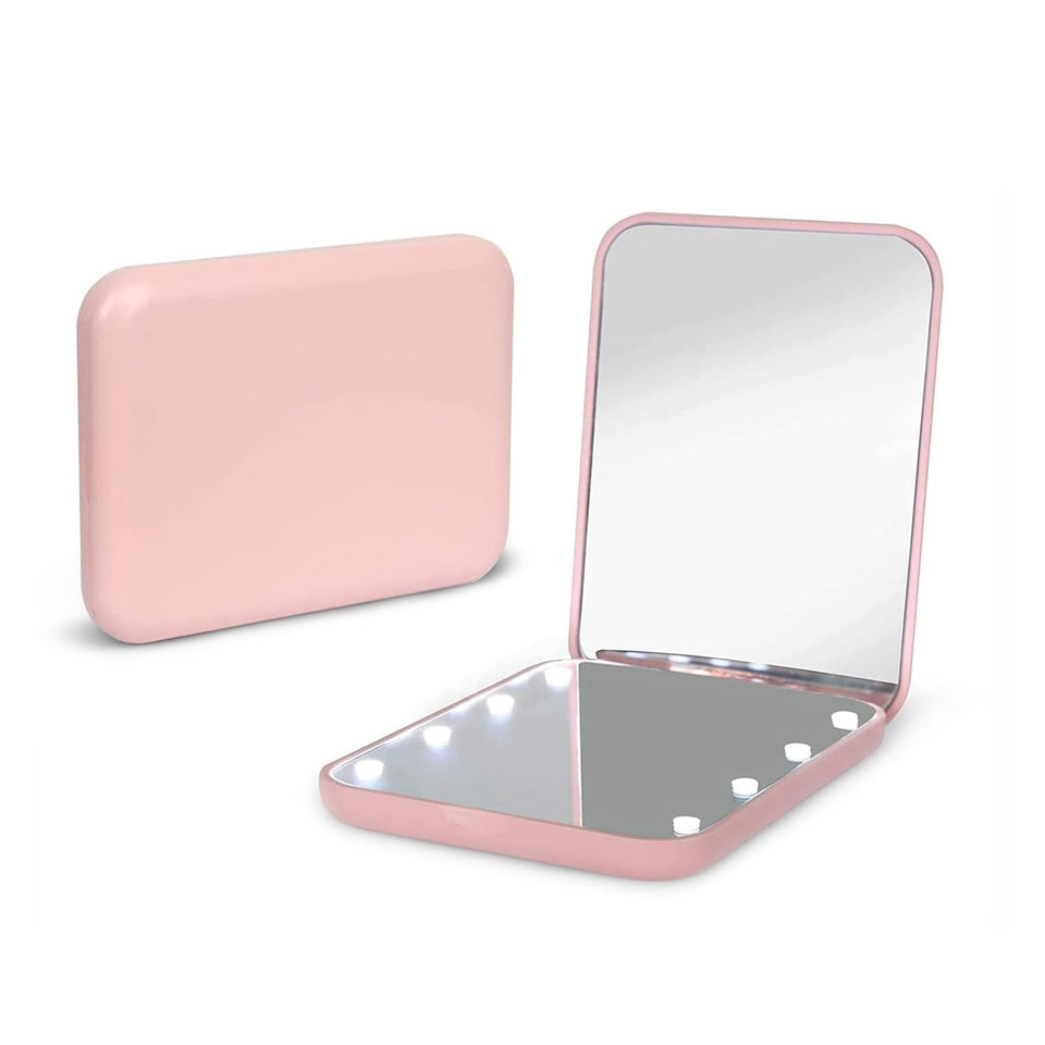 Kintion front view of closed compact mirror showing pink finish and sleek design benefit portability