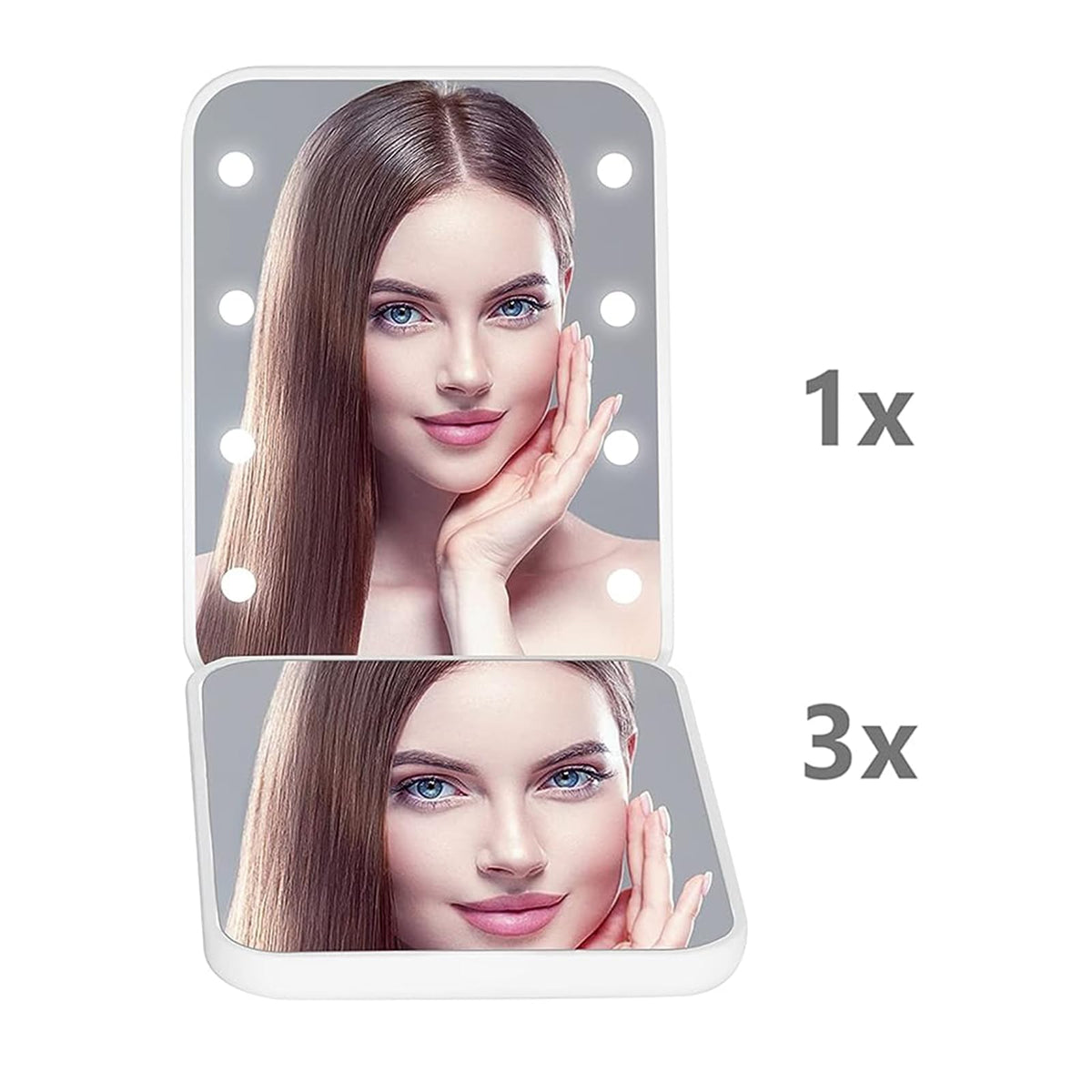 Kintion open two-sided view demonstrating 1X and 3X mirrors for versatile use