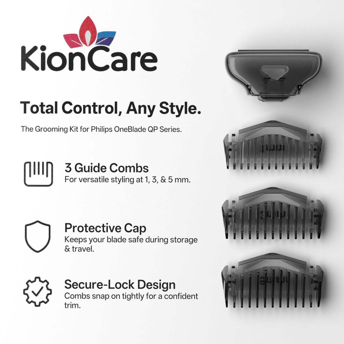 KIONCARE close-up of comb snap mechanism and durable plastic for secure fit