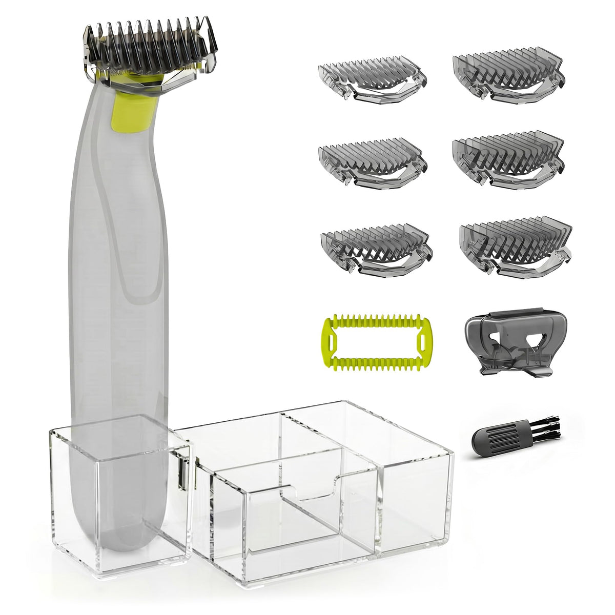 KIONCARE front view of kit showing guide combs and stand for organized storage