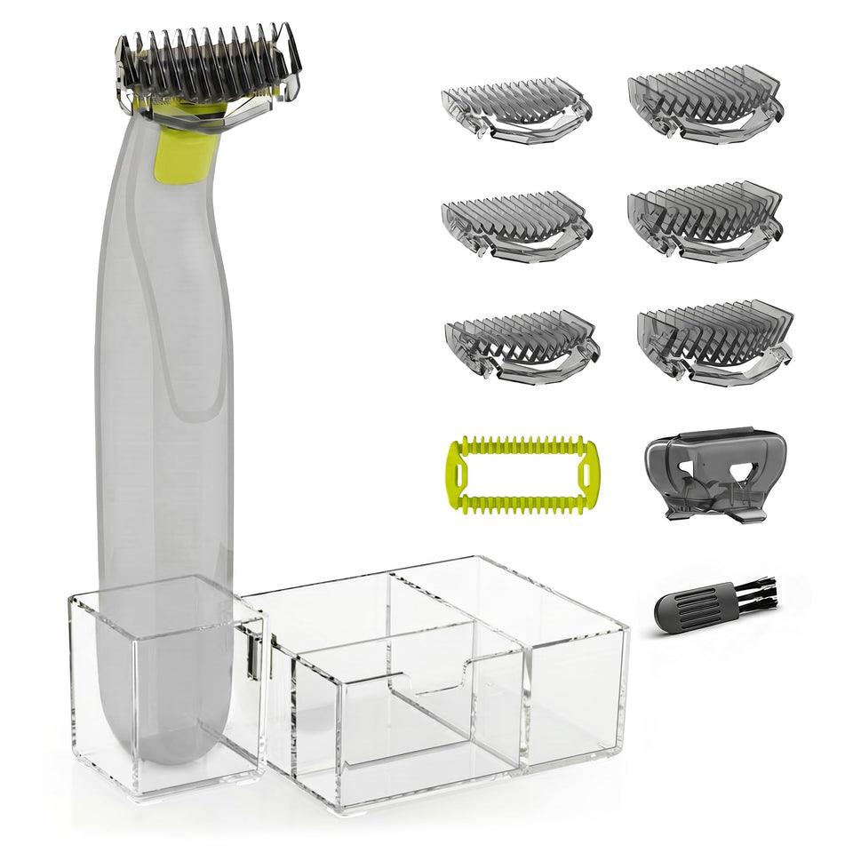 KIONCARE front view of kit showing guide combs and stand for organized storage