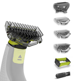 KIONCARE front view of guards kit showing 1,3,5mm combs and cap with clear benefit