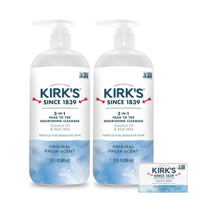 Kirk's bottle front view showing 32 oz pump and branding for easy identification