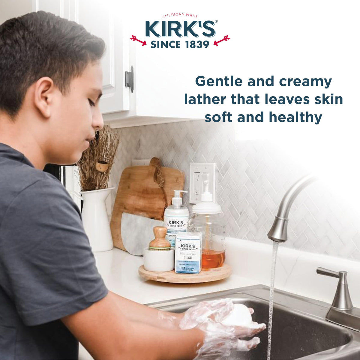 Kirk's bar in a bathroom setting demonstrating gentle everyday use