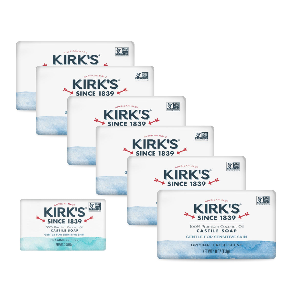 Kirk's bar soap front packaging showing Original Fresh and ingredient integrity