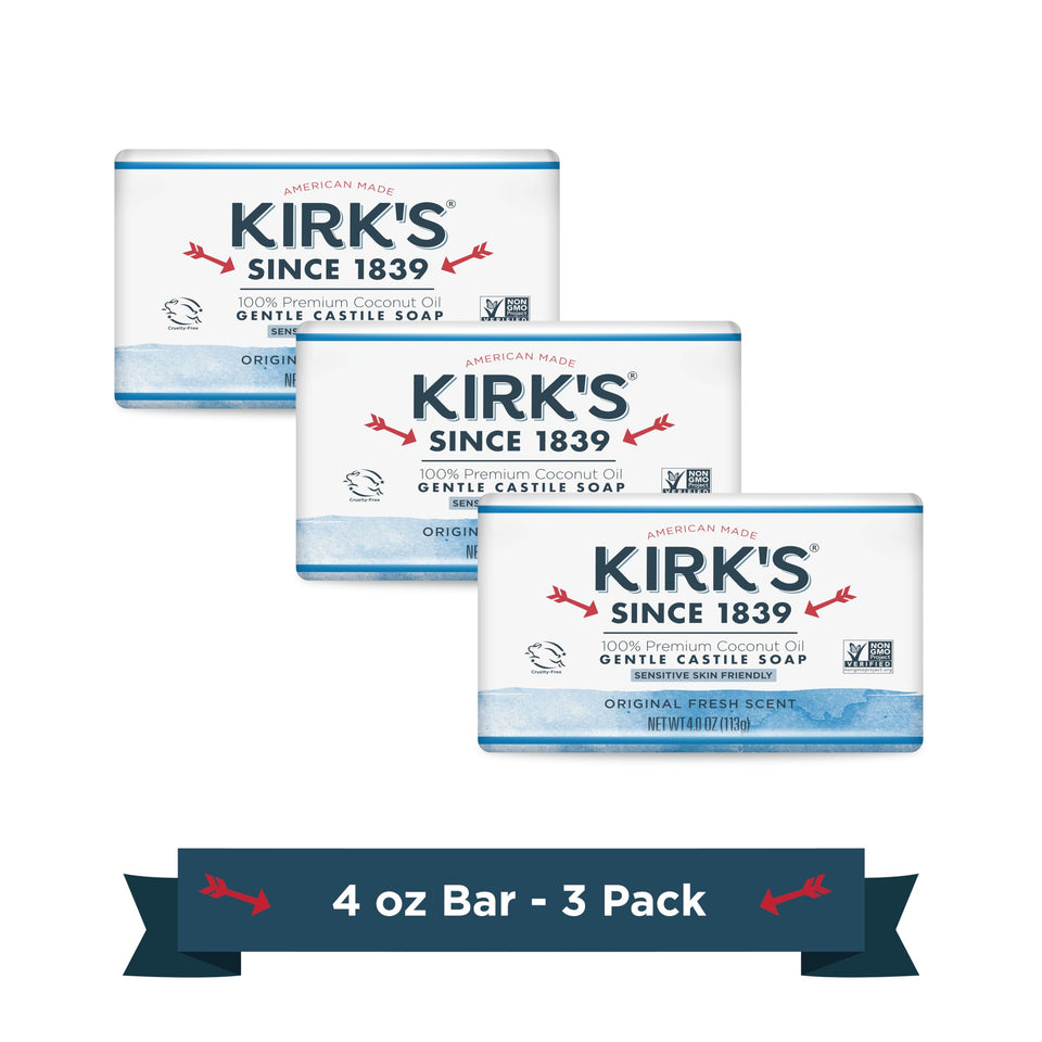 Kirk's pack of 3 bars front packaging showing trio and brand benefits