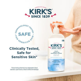 Kirk's in-shower use with person pumping cleanser showing convenient all-in-one use