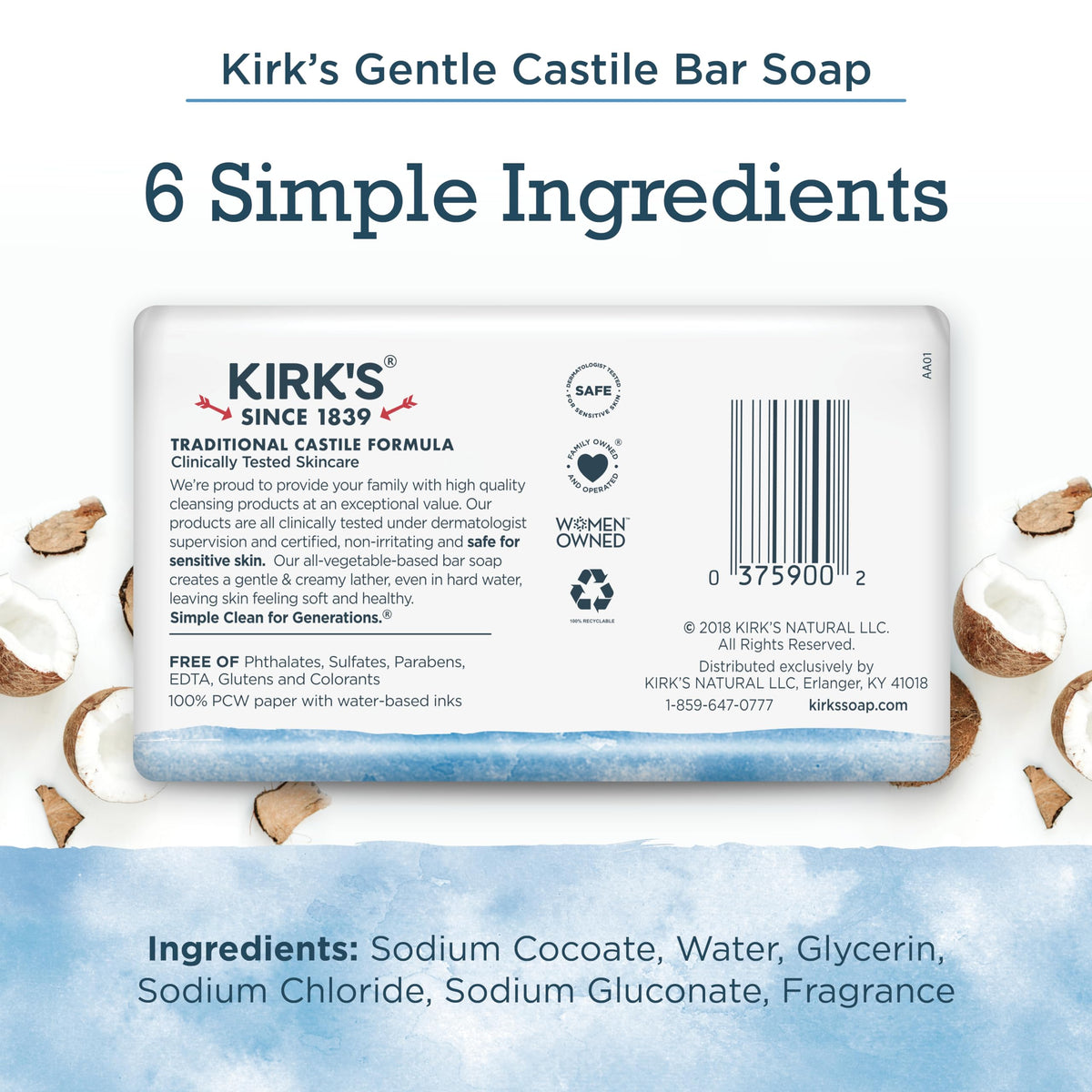 Kirk's single bar front label highlighting original coco castile formula