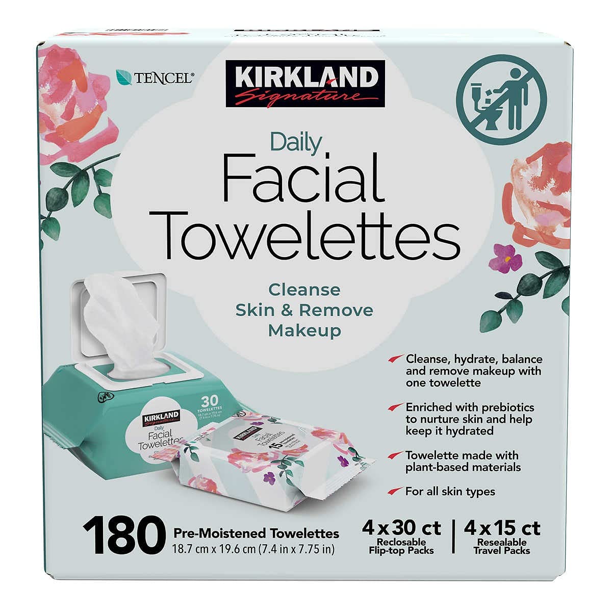 Kirkland Signature tub next to everyday objects showing 180-count size and long-lasting value