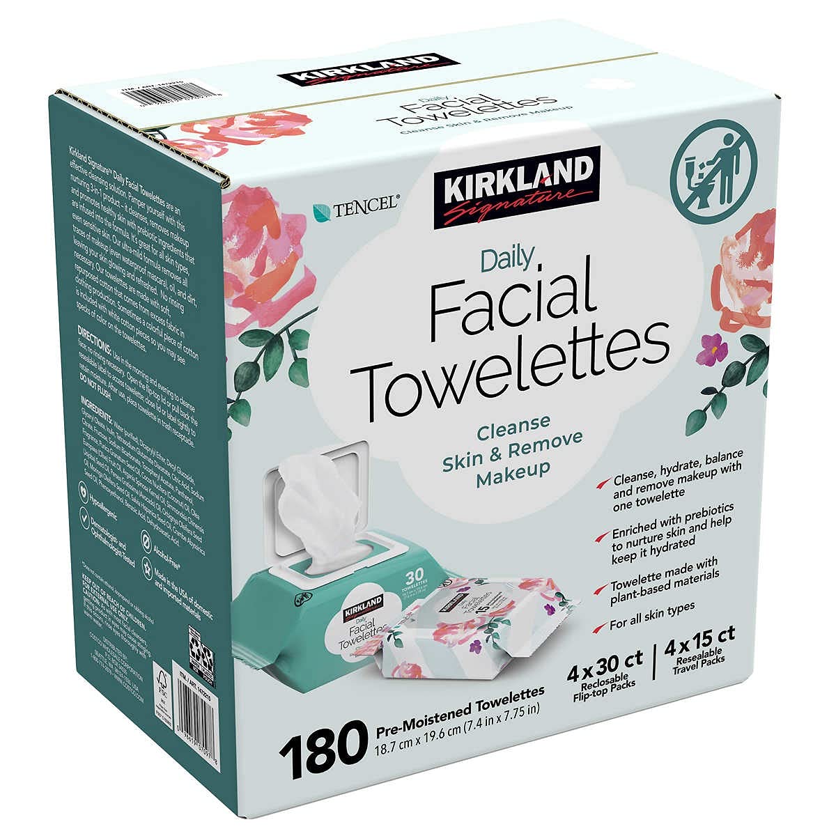 Hand using Kirkland Signature wipe on face demonstrating quick, convenient cleansing on the go