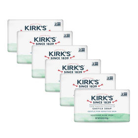 Kirk's aloe vera front packaging showing the six 4 oz bars and product clarity