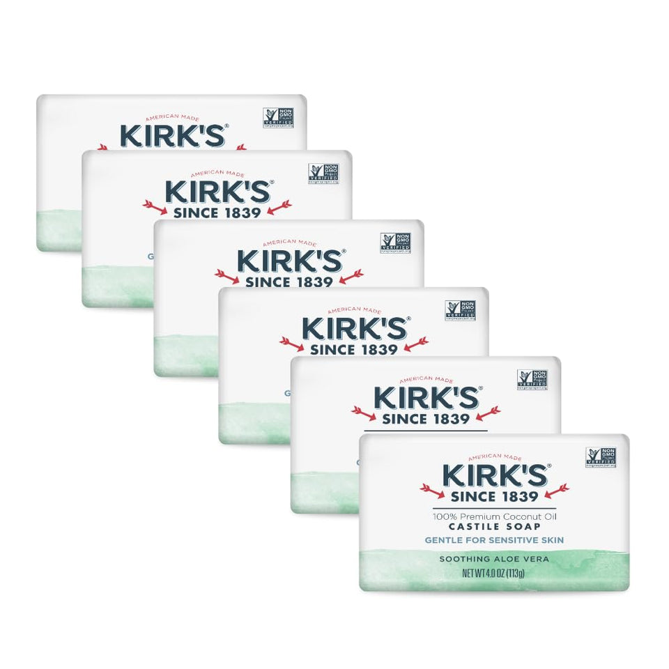 Kirk's aloe vera front packaging showing the six 4 oz bars and product clarity