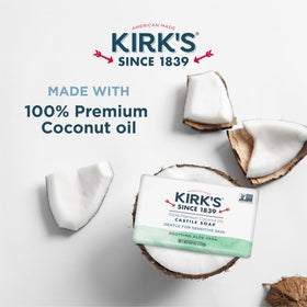 Kirk's product label and ingredient list emphasizing coconut oil and aloe vera benefits