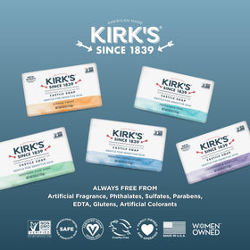 Six-pack of Kirk's bars stacked on a store shelf showing value pack and American-made branding