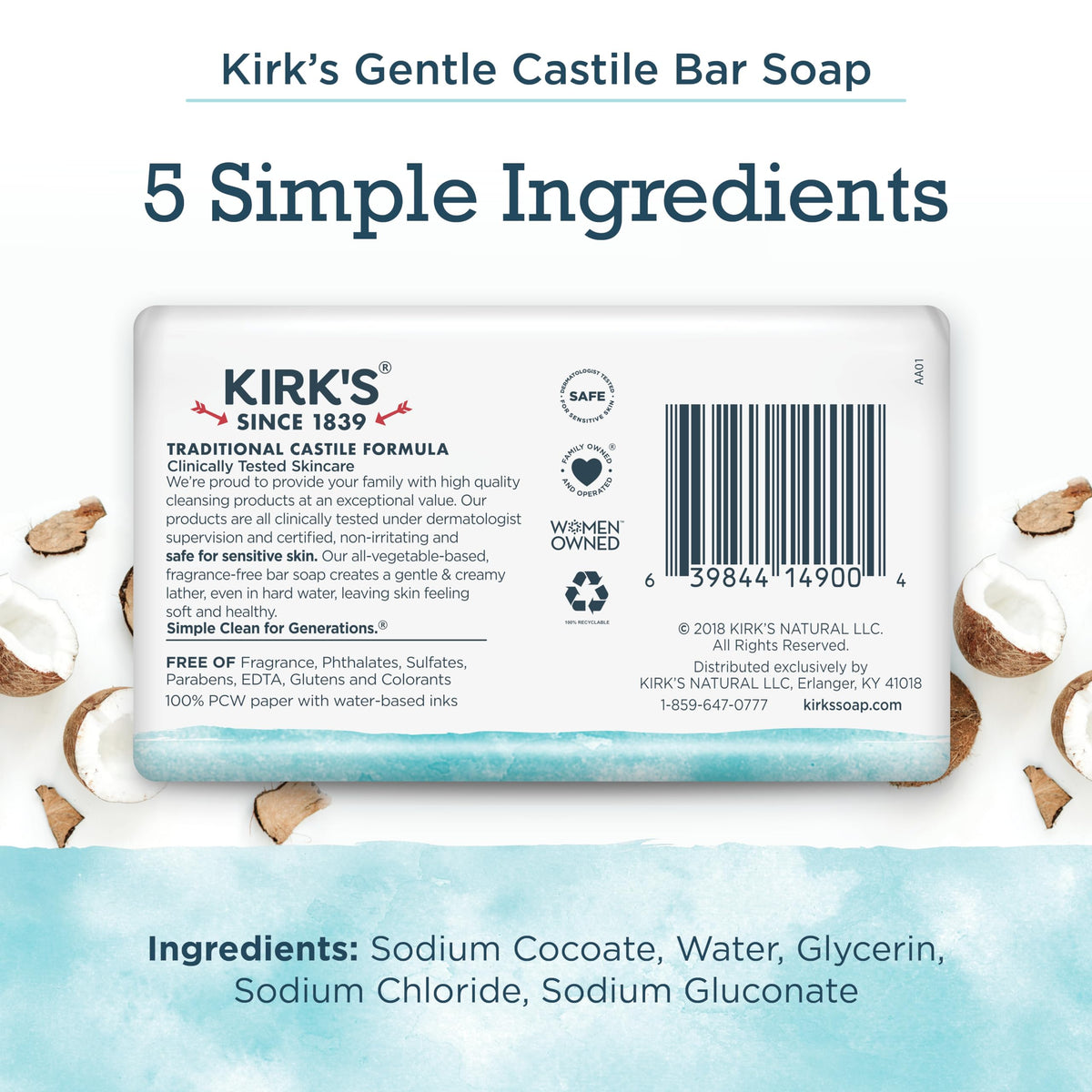 Kirk's close-up of soap texture highlighting smooth coconut-based lather