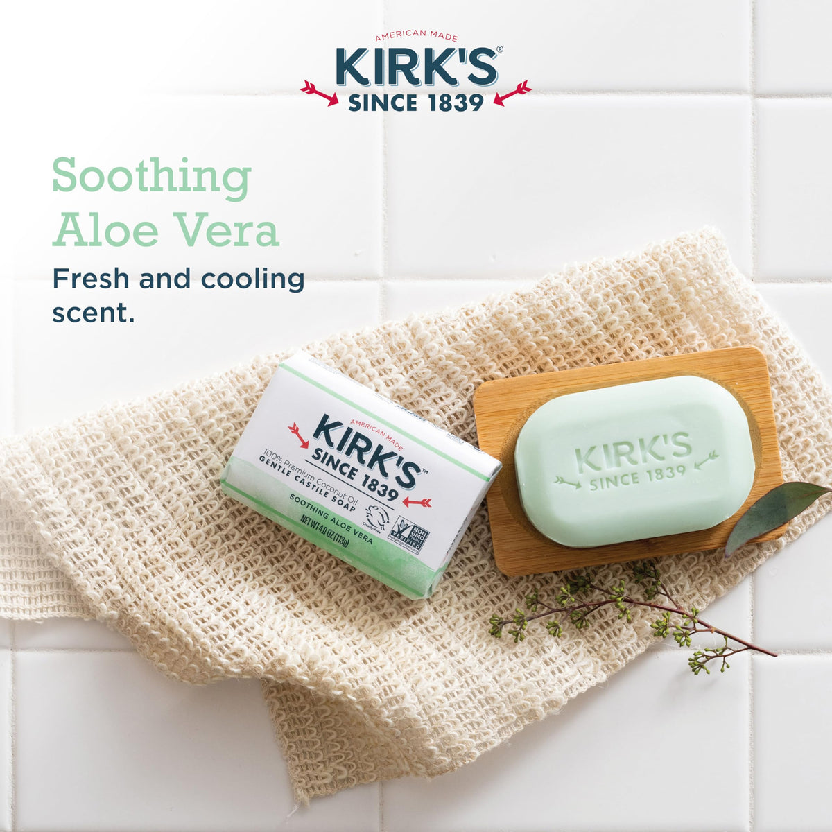 Kirk's three bars on a draining soap dish illustrating longer bar life when stored dry