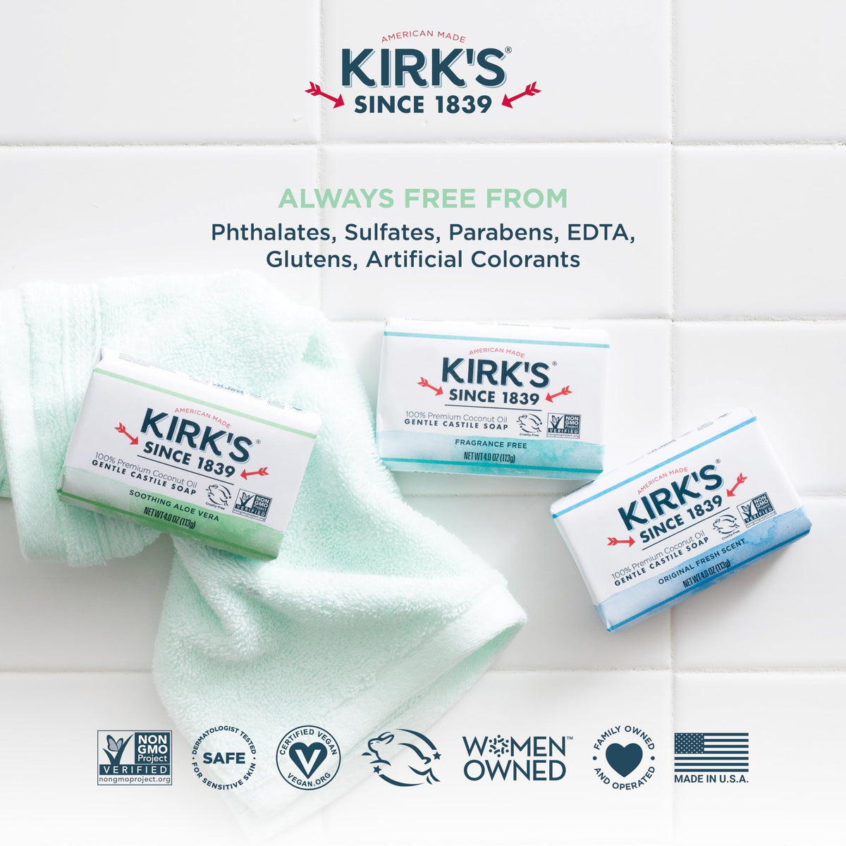 Kirk's bars arranged in a bathroom setting showing everyday use and minimalist style benefit