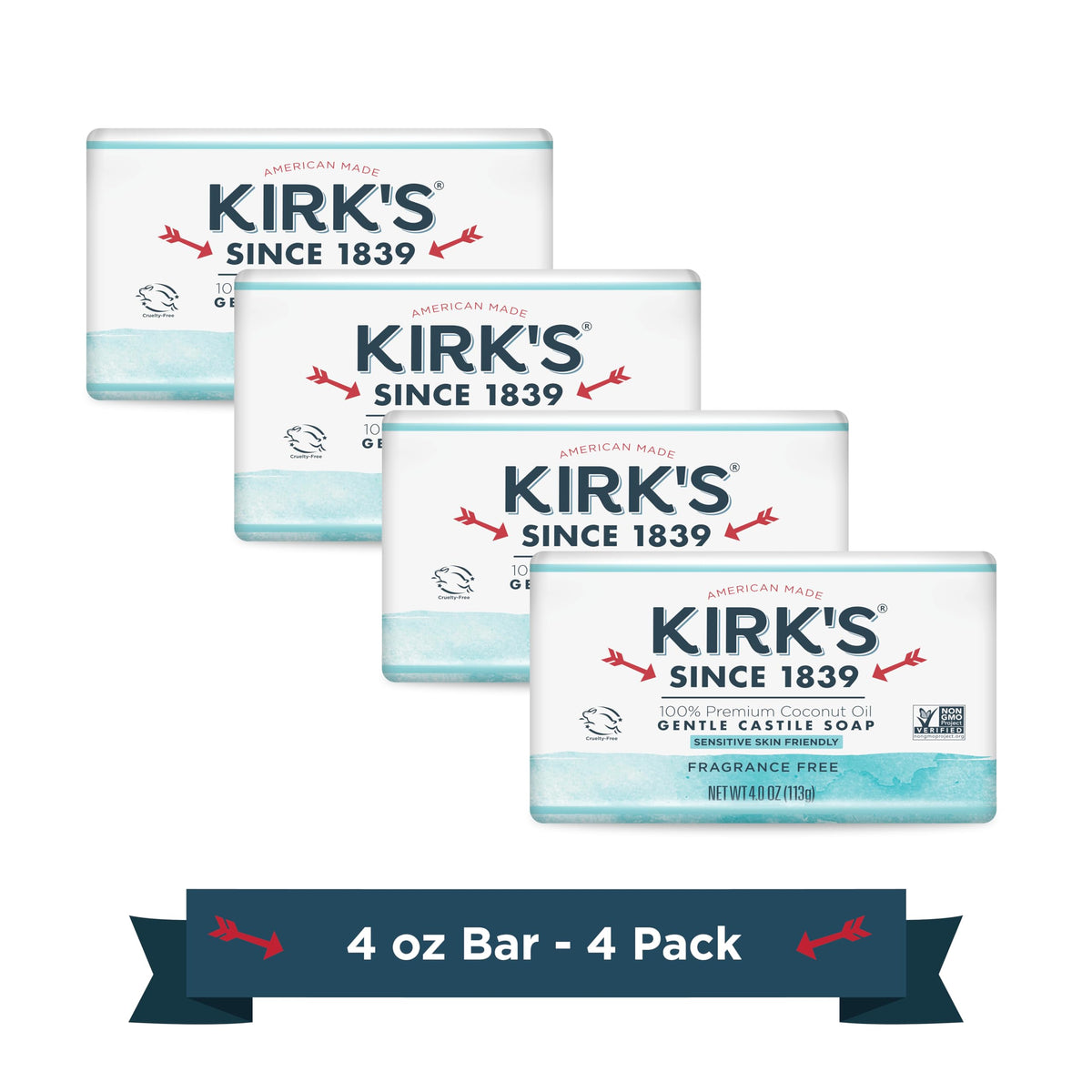 Kirk's front packaging showing clean unscented bars for economical use