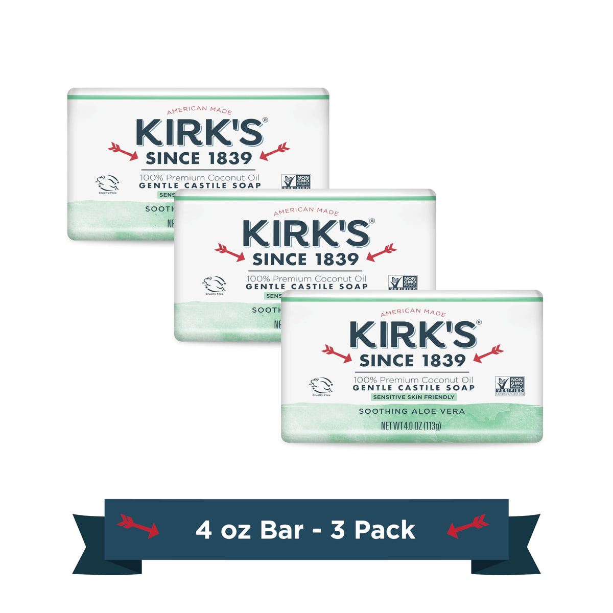 Kirk's front packaging three-bar pack showing product and branding benefit gentle cleansing