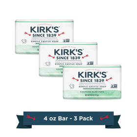 Kirk's front packaging three-bar pack showing product and branding benefit gentle cleansing