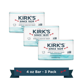 Kirk's front packaging showing three fragrance free castile bars and benefits