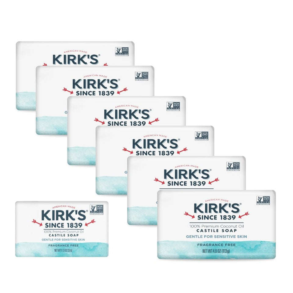 Kirk's front packaging showing six bars and travel bar, clear family value