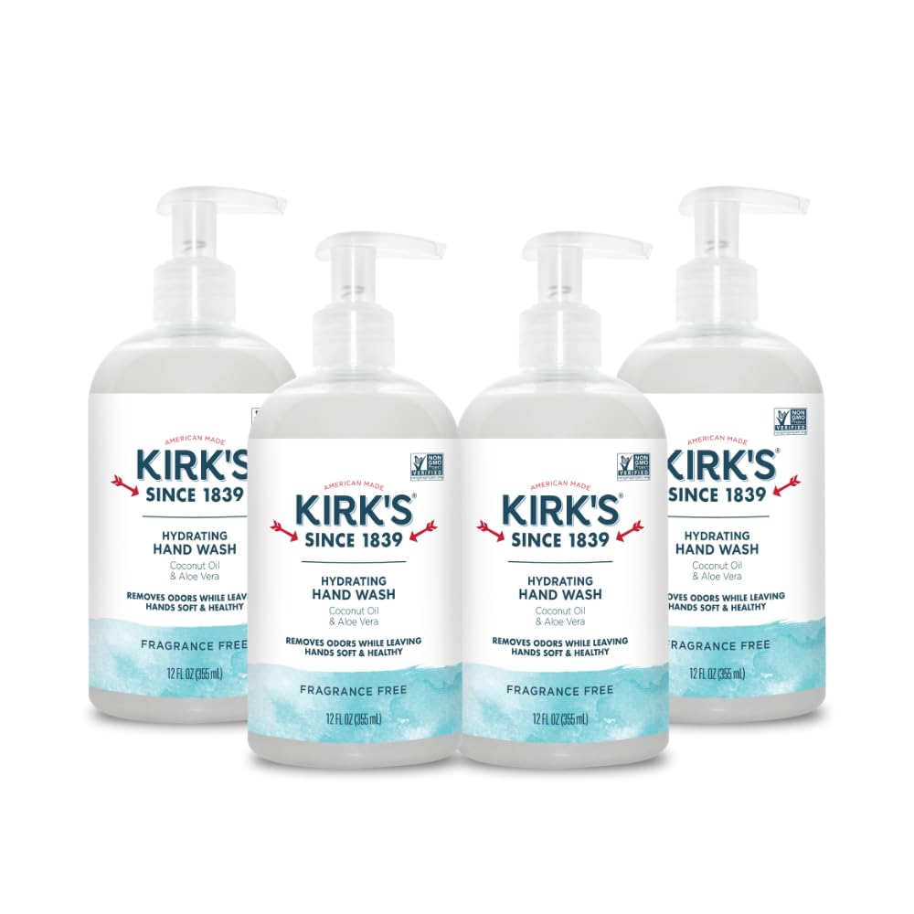 Kirk's front pump bottle showing label and clear soap for easy placement