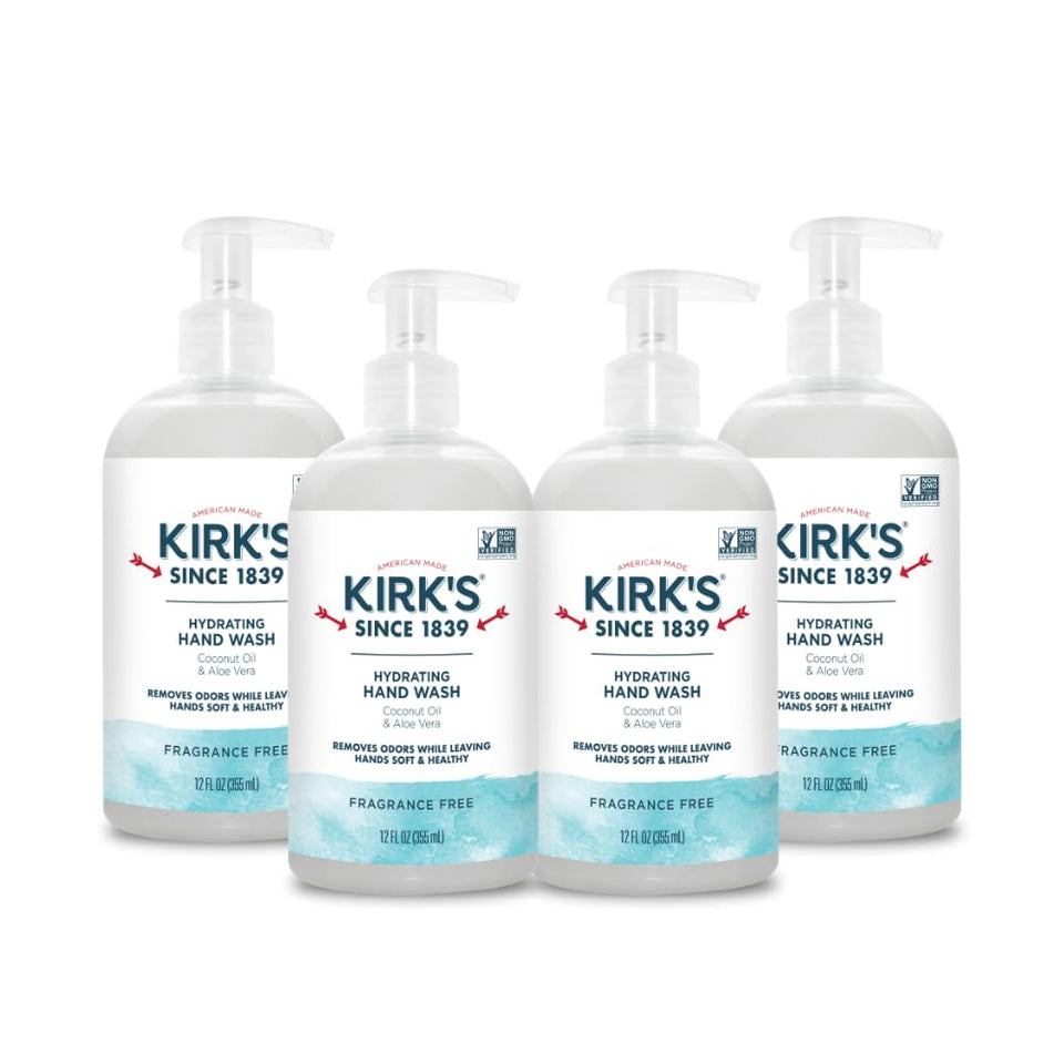 Kirk's front pump bottle showing label and clear soap for easy placement