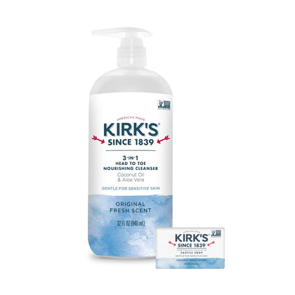 Kirk's front pump bottle showing brand and 32 fl oz convenience