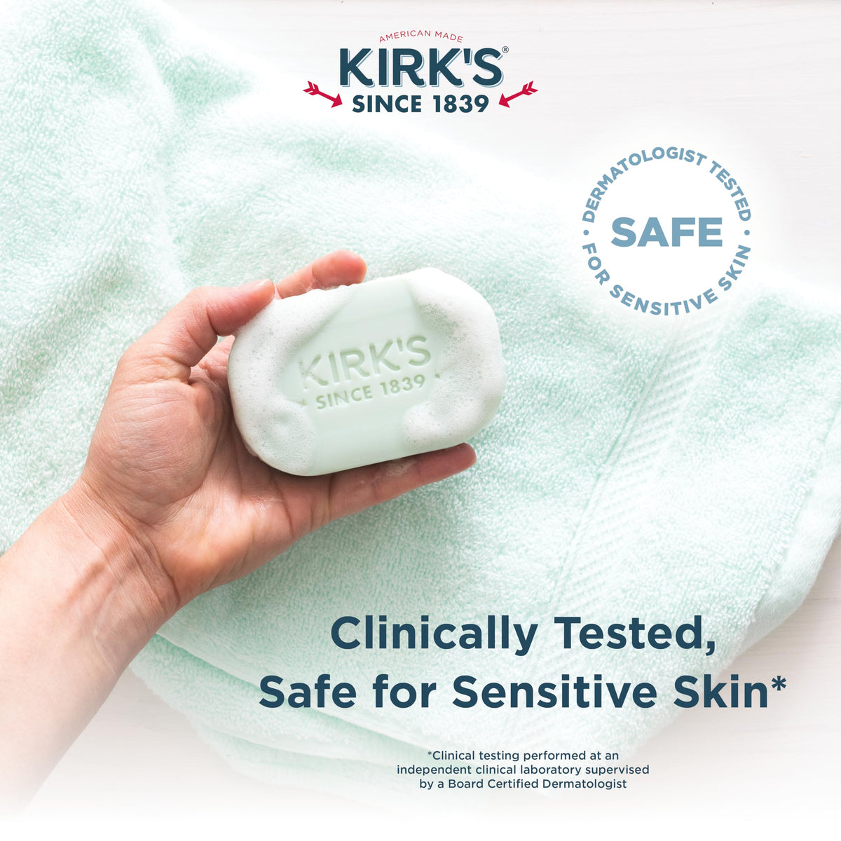 Kirk's bar in hand while washing at sink showing easy lather and rinseability benefit