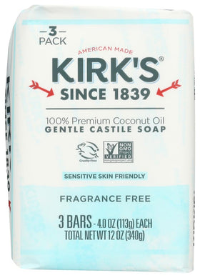 Kirk's front packaging showing three fragrance-free soap bars for daily use