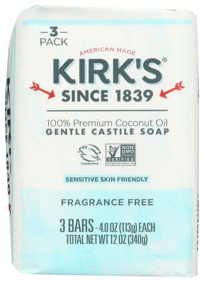 Kirk's front packaging showing three fragrance-free soap bars for daily use