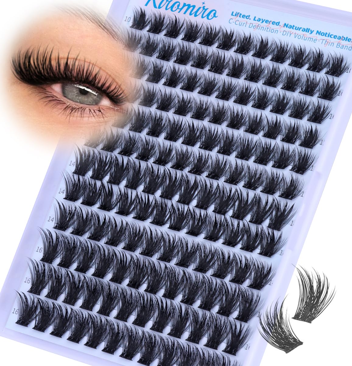 Kiromiro front packaging showing 144 cluster lashes and benefits