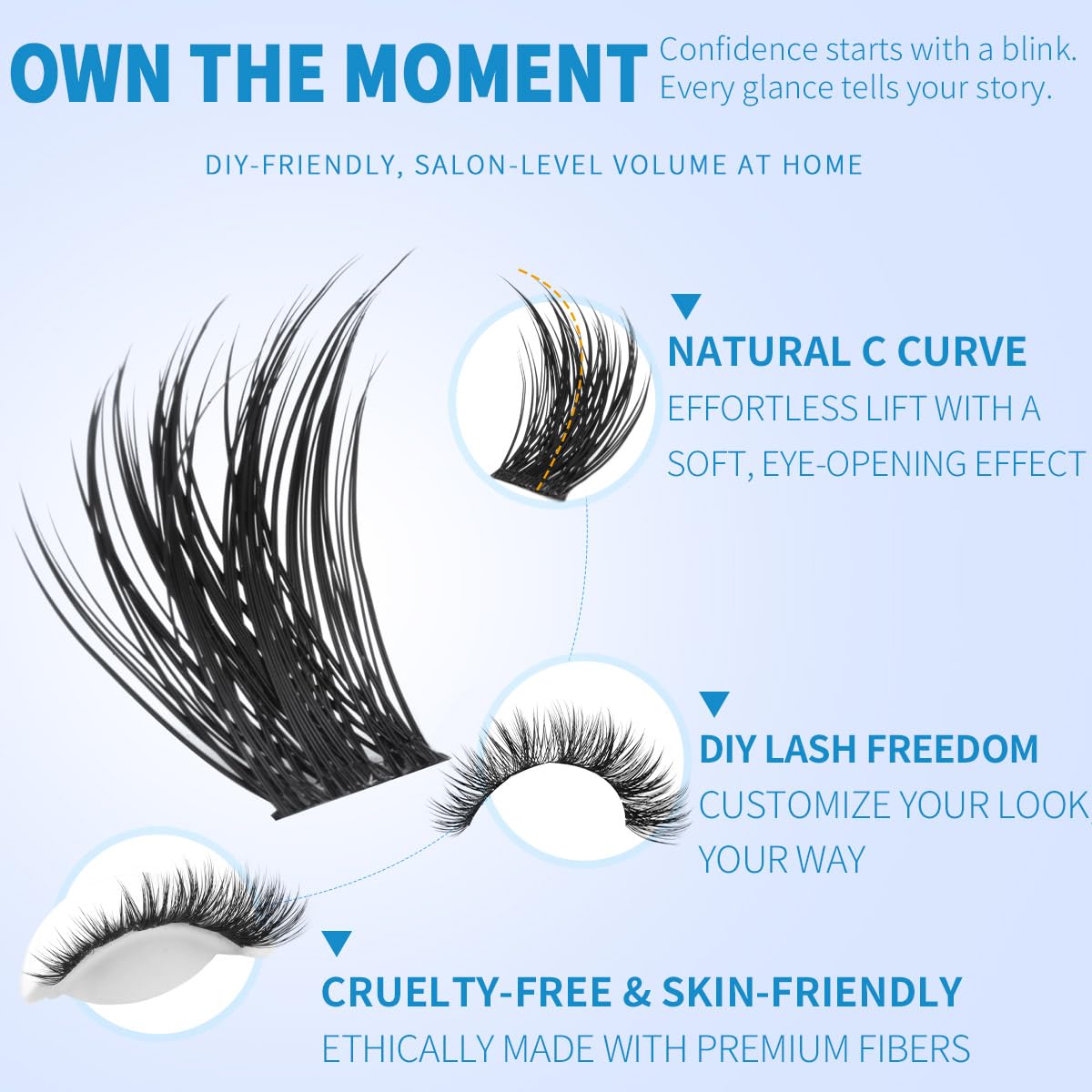 Kiromiro lashes applied on eye illustrating lifted, open look