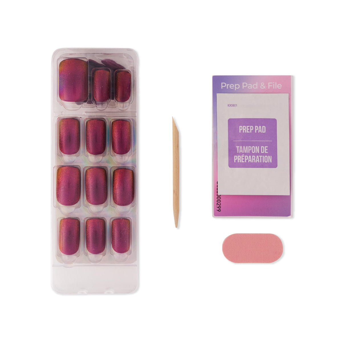 KISS included tools layout with prep pad, file, stick for easy application